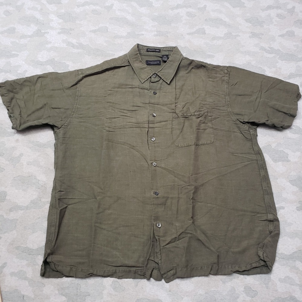 Van Heusen Shirt Mens XL Green Pockets Washable Linen Blend Short Sleeve Button